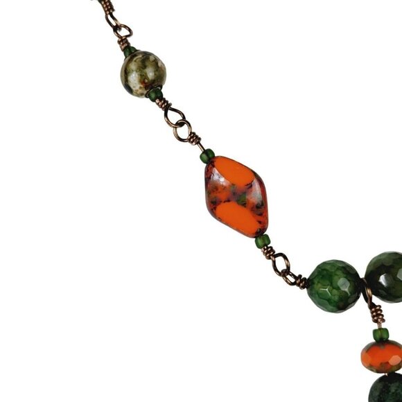 Artisan Army Olive Green Orange Glass Beaded Necklace Tassel Drop Fall Inspired - Picture 3 of 6